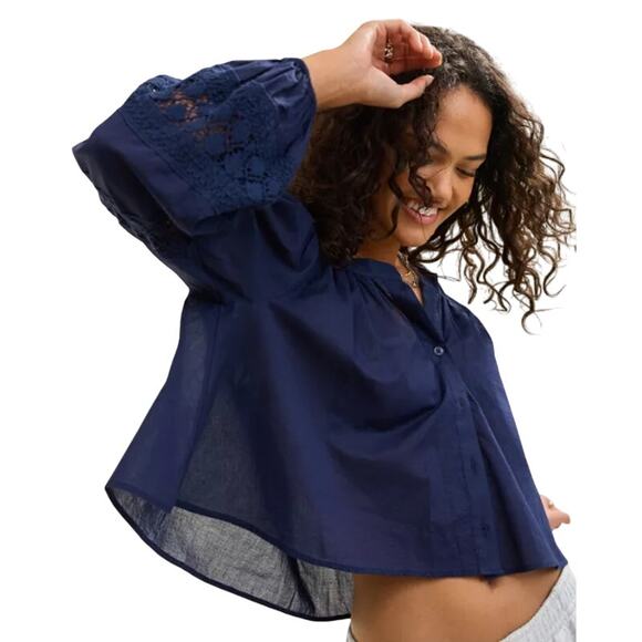 New Aerie Womens Small Navy Blue Long Sleeve Flowy Crochet Button Down Shirt - Picture 1 of 8